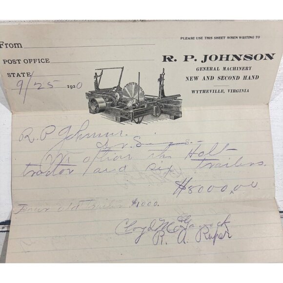 1920 R.P. Johnson Letterhead Handwritten Tractor & Trailer Wytheville VA RARE - Picture 1 of 7